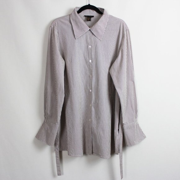 Ashley Stewart Tan Vertical Stripe Sash Tie Button-down Shirt - Picture 14 of 15